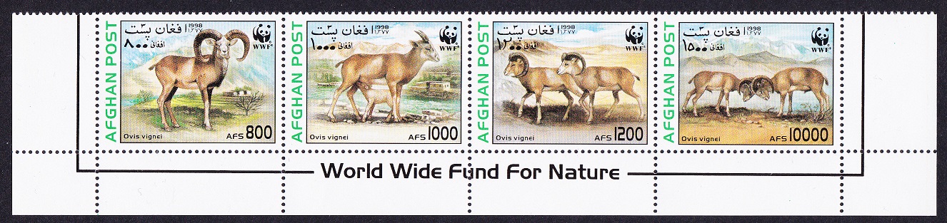 Afghanistan WWF Urial Bottom Strip of 4v WWF text 1998 MNH MI#1819-1822