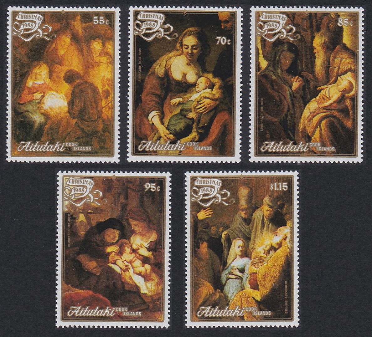 Aitutaki Paintings Rembrandt Christmas 5v 1988 MNH SG#590-594 Sc#423-427