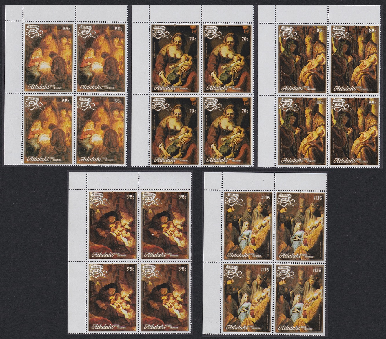 Aitutaki Paintings Rembrandt Christmas 5v Corner Blocks of 4 1988 MNH SG#590-594 Sc#423-427