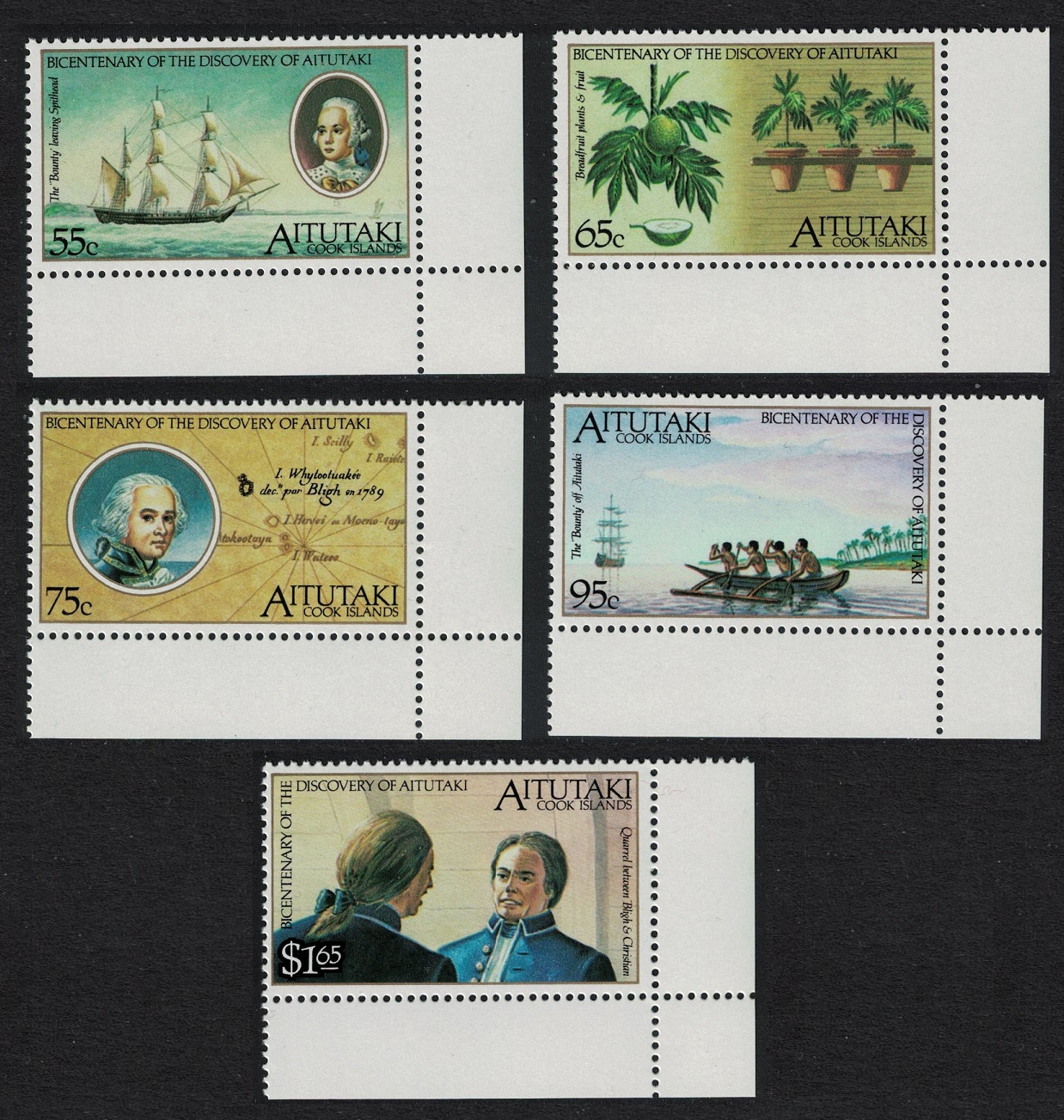 Aitutaki Bicentenary of Discovery by Captain Bligh 5v Corners 1989 MNH SG#596-600