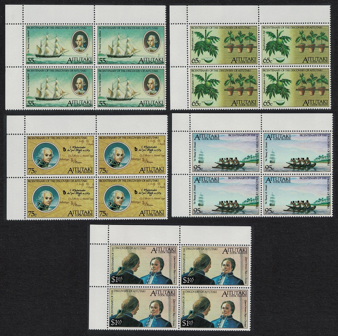 Aitutaki Discovery by Captain Bligh Corner Blocks of 4 1989 MNH SG#596-600