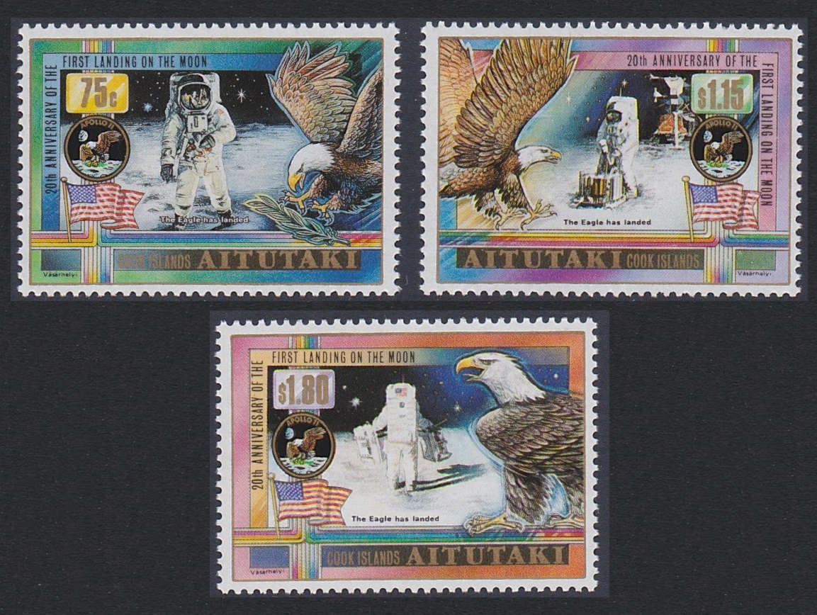 Aitutaki Space American Eagle Birds Landing on Moon 3v 1989 MNH SG#602-604 Sc#435-437