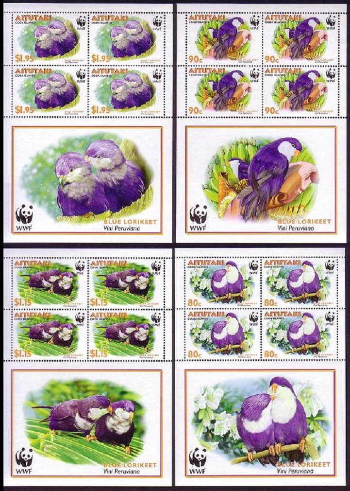 Aitutaki Birds WWF Tahitian Blue Lorikeet 4 Sheetlets 2002 MNH SG#717-720 MI#772-775 Sc#533-536