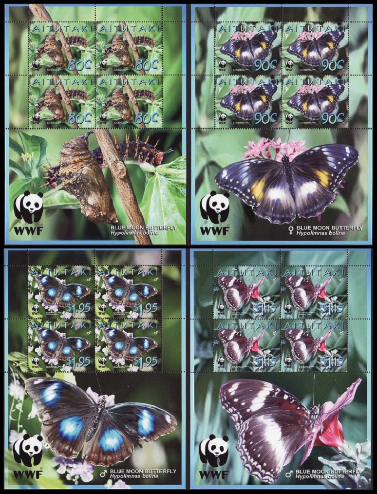 Aitutaki WWF Blue Moon Butterfly 4 Sheetlets 4 sets 2008 MNH SG#723-726 MI#778-781 Sc#539-542