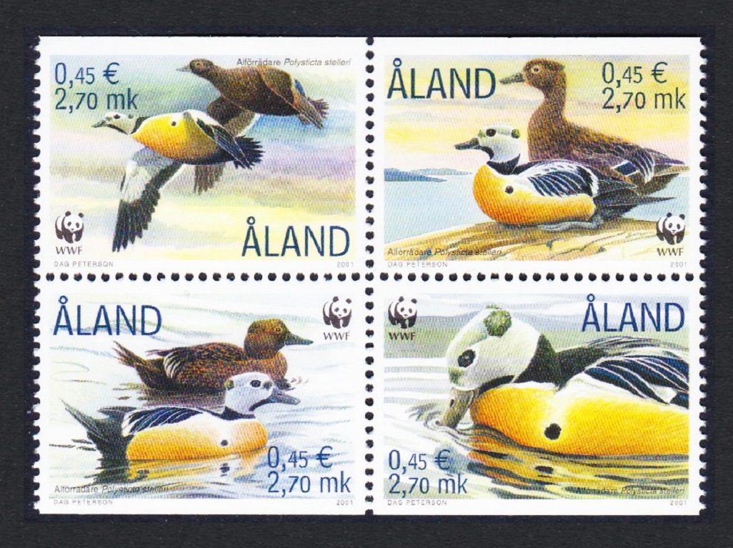 Aland Islands Birds WWF Steller&#39;s Eider 4v Block of 4 2001 MNH SG#184-187 MI#183-186 Sc#185 a-d