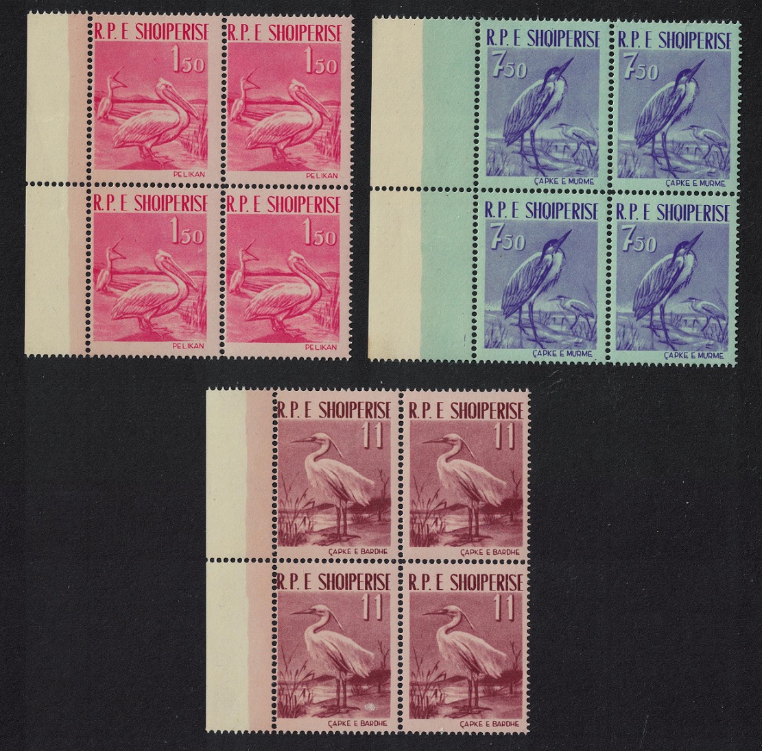 Albania Dalmatian Pelicans Heron Egret Birds 3v Blocks of 4 1961 MNH SG#676-678