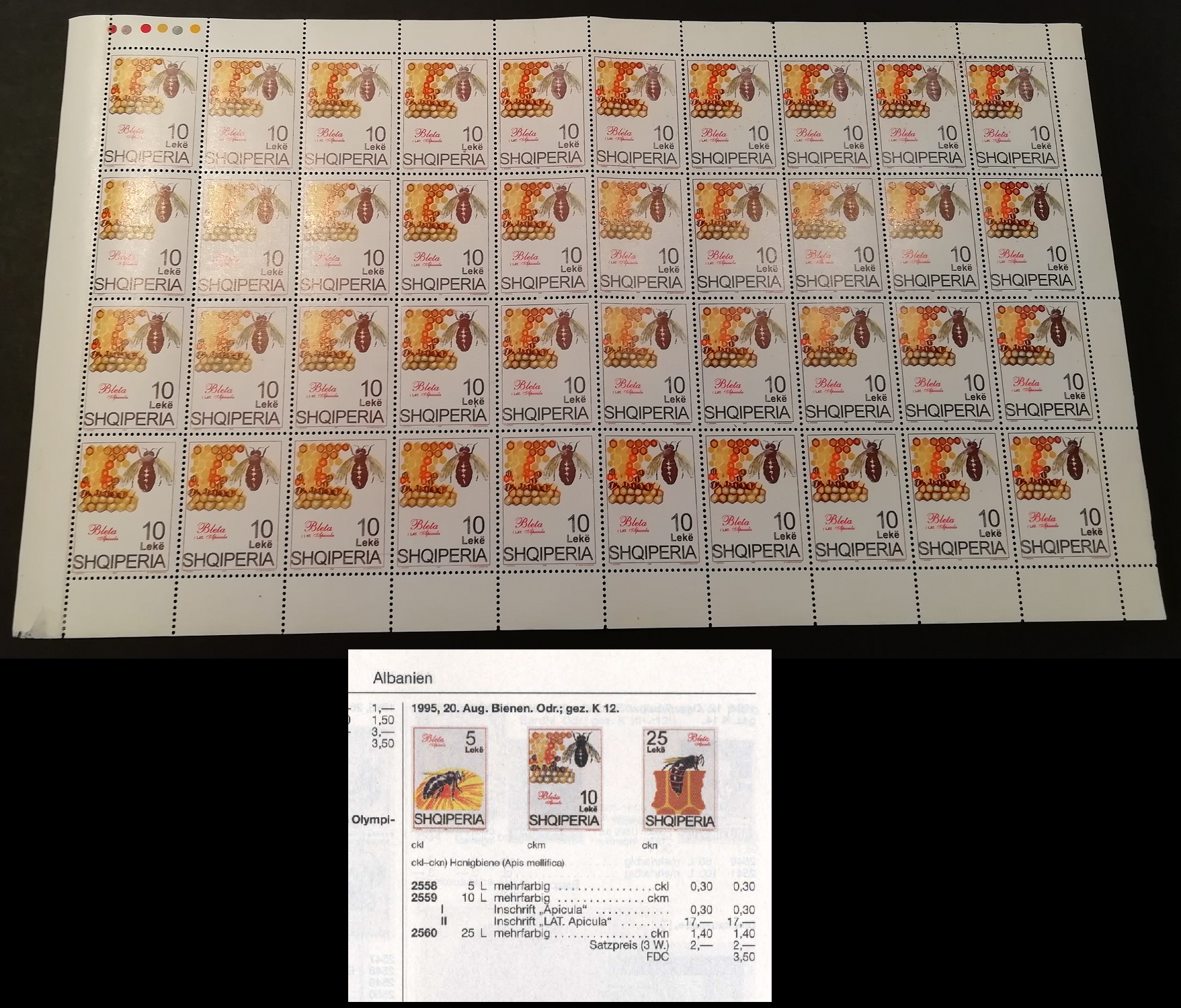 Albania Bees Apiculture 10 Leke ERROR Full Sheet RARR 1995 MNH SG#2600var MI#2559II