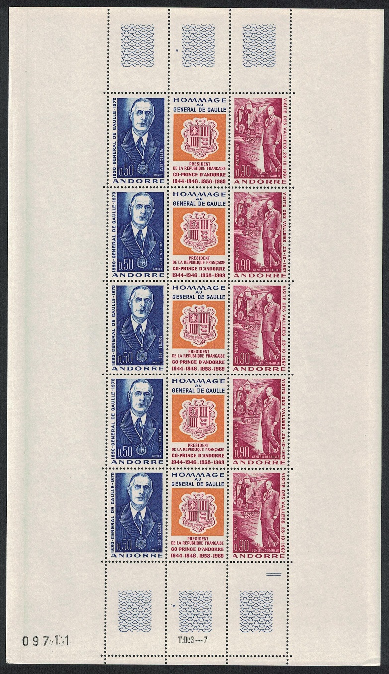 Andorra French General de Gaulle Visit to Andorra 5th Anniversary Sheet 1972 MNH SG#F243-F244 MI#245-246 Sc#217-218