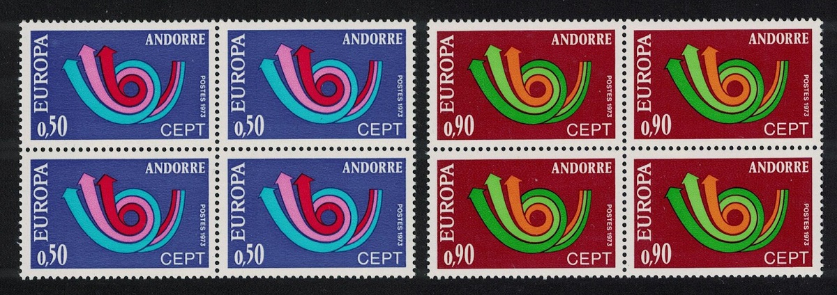 Andorra French Post Horn Europa CEPT 2v Blocks of 4 1973 MNH SG#F245-F246