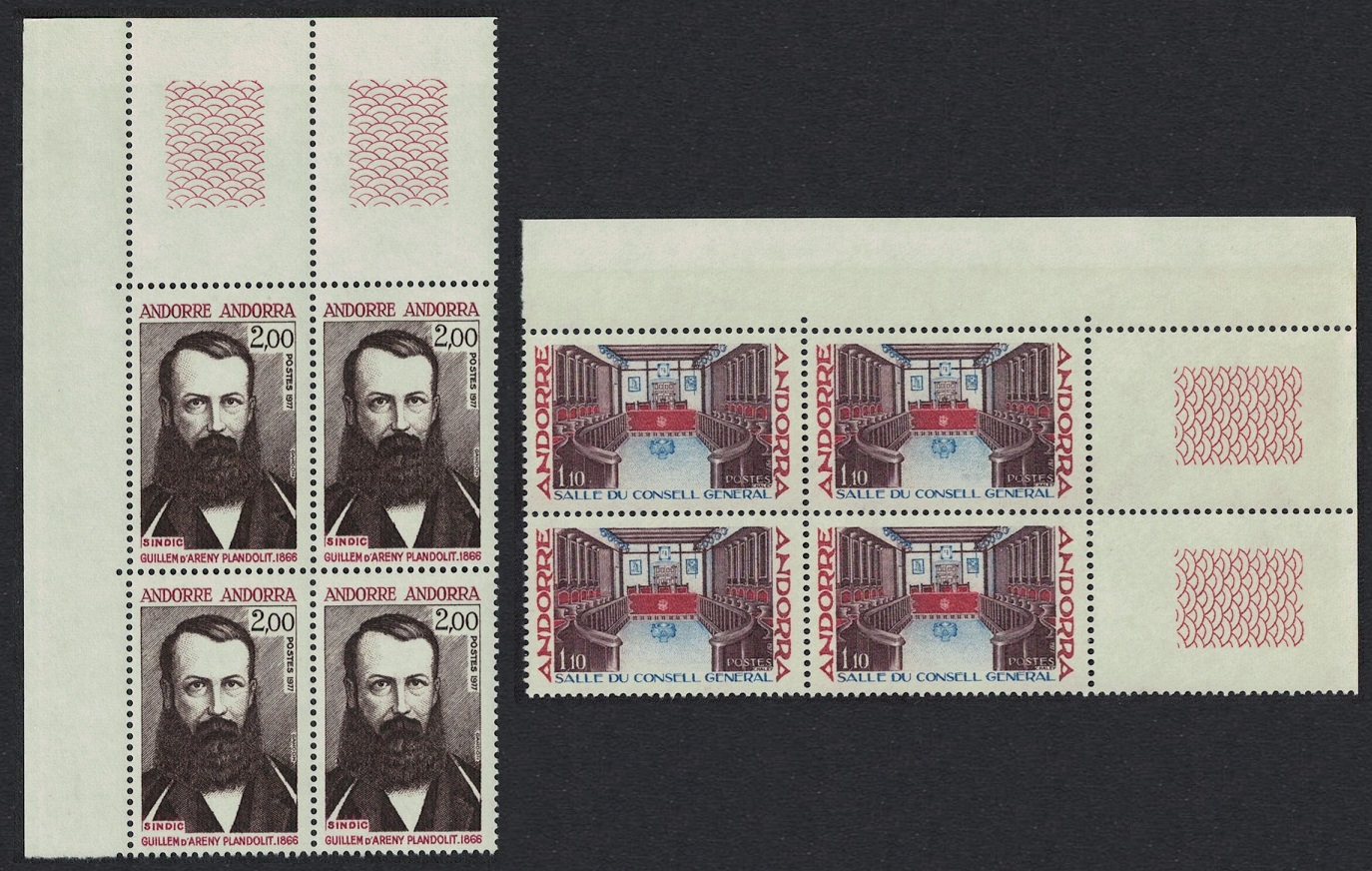 Andorra French Andorran Institutions 2v T1 Corner Blocks of 4 1977 MNH SG#F284-F285 MI#286-287