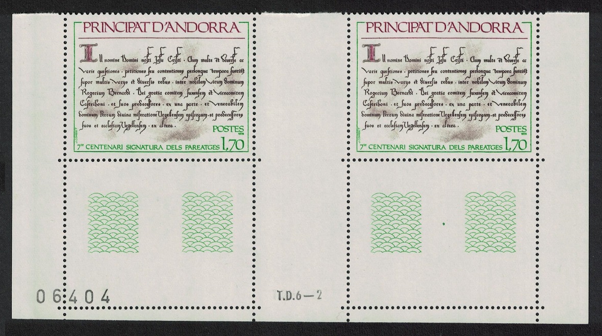 Andorra French Parity Treaties Bottom Gutter Pair Control Numbers 1978 MNH SG#F292 MI#294