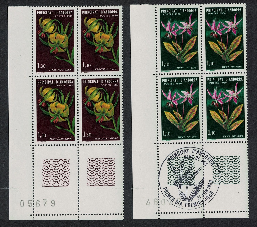 Andorra French Lily Violet Flowers 2v SW Corner Blocks of 4 1980 MNH SG#F305-F306 MI#307-308 Sc#281-282