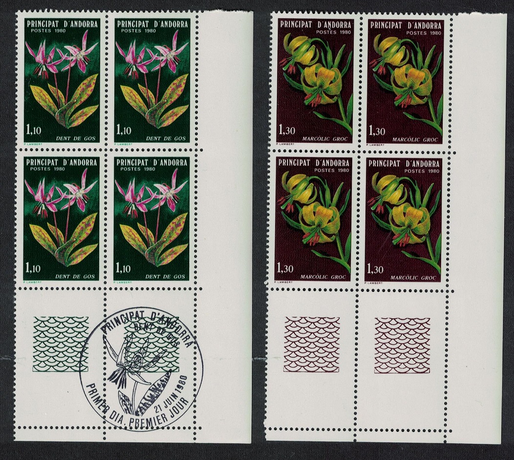 Andorra French Lily Violet Nature Protection Flowers 2v Corner Blocks of 4 1980 MNH SG#F305-F306 MI#307-308 Sc#281-282