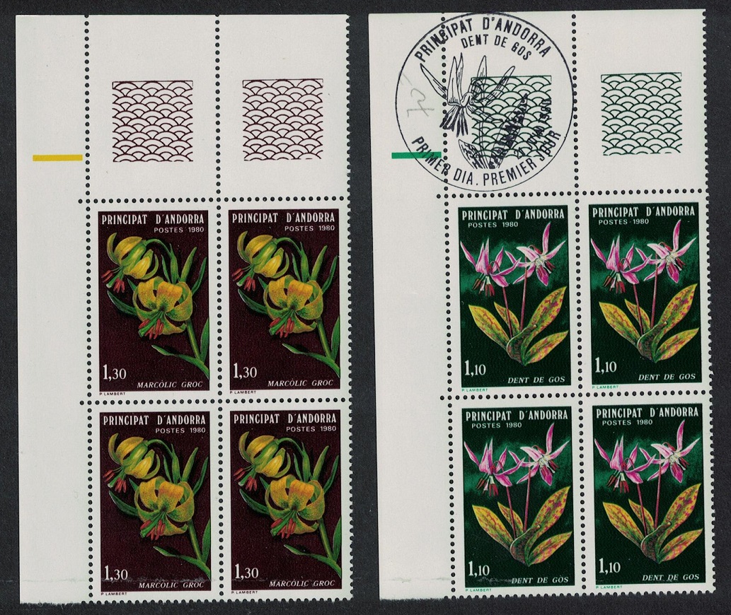 Andorra French Lily Violet Flowers 2v Corner Blocks of 4 T2 1980 MNH SG#F305-F306 MI#307-308 Sc#281-282