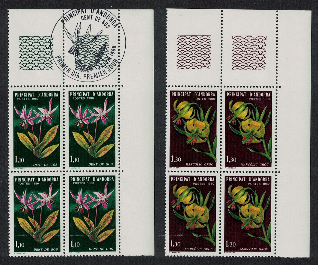 Andorra French Lily Violet Flowers 2v Corner Blocks of 4 T3 1980 MNH SG#F305-F306 MI#307-308 Sc#281-282