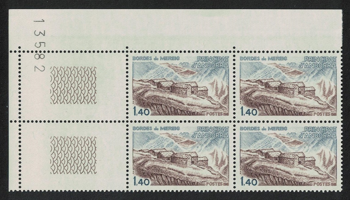 Andorra French Architecture T1 Corner Block of 4 Control Number 1981 MNH SG#F310 MI#312