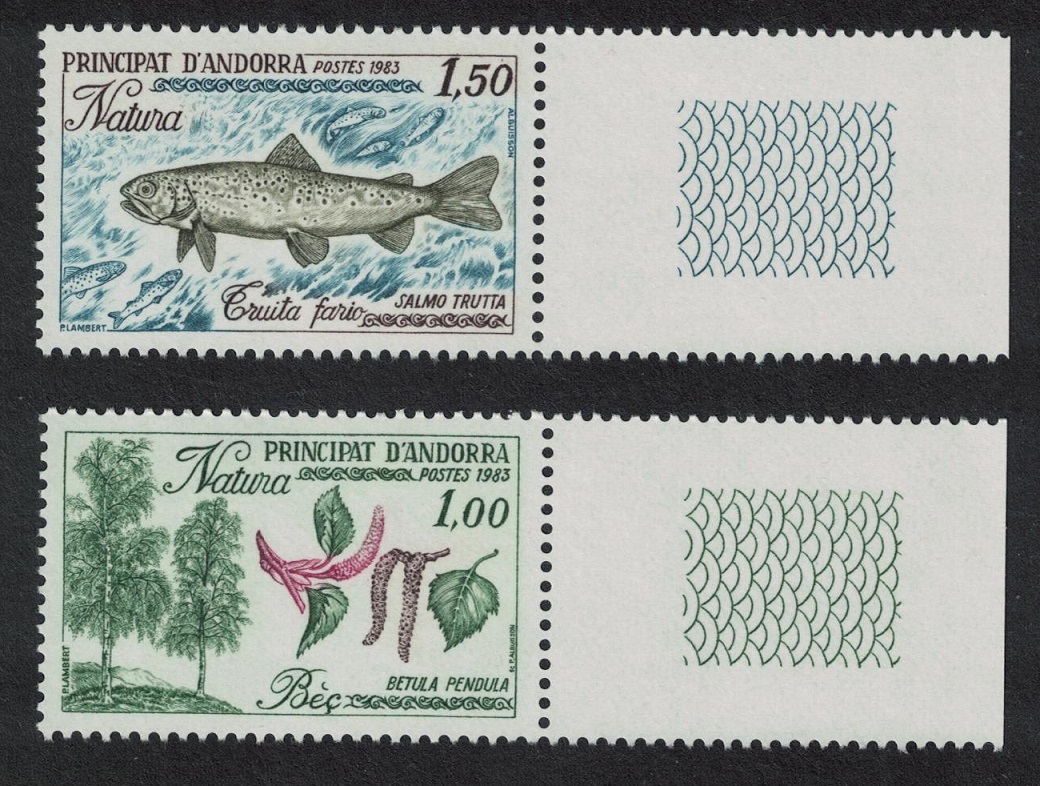 Andorra French Trout Fish Trees Nature Protection 2v Coin Labels 1983 MNH SG#F330-F331 MI#332-333 Sc#305-306