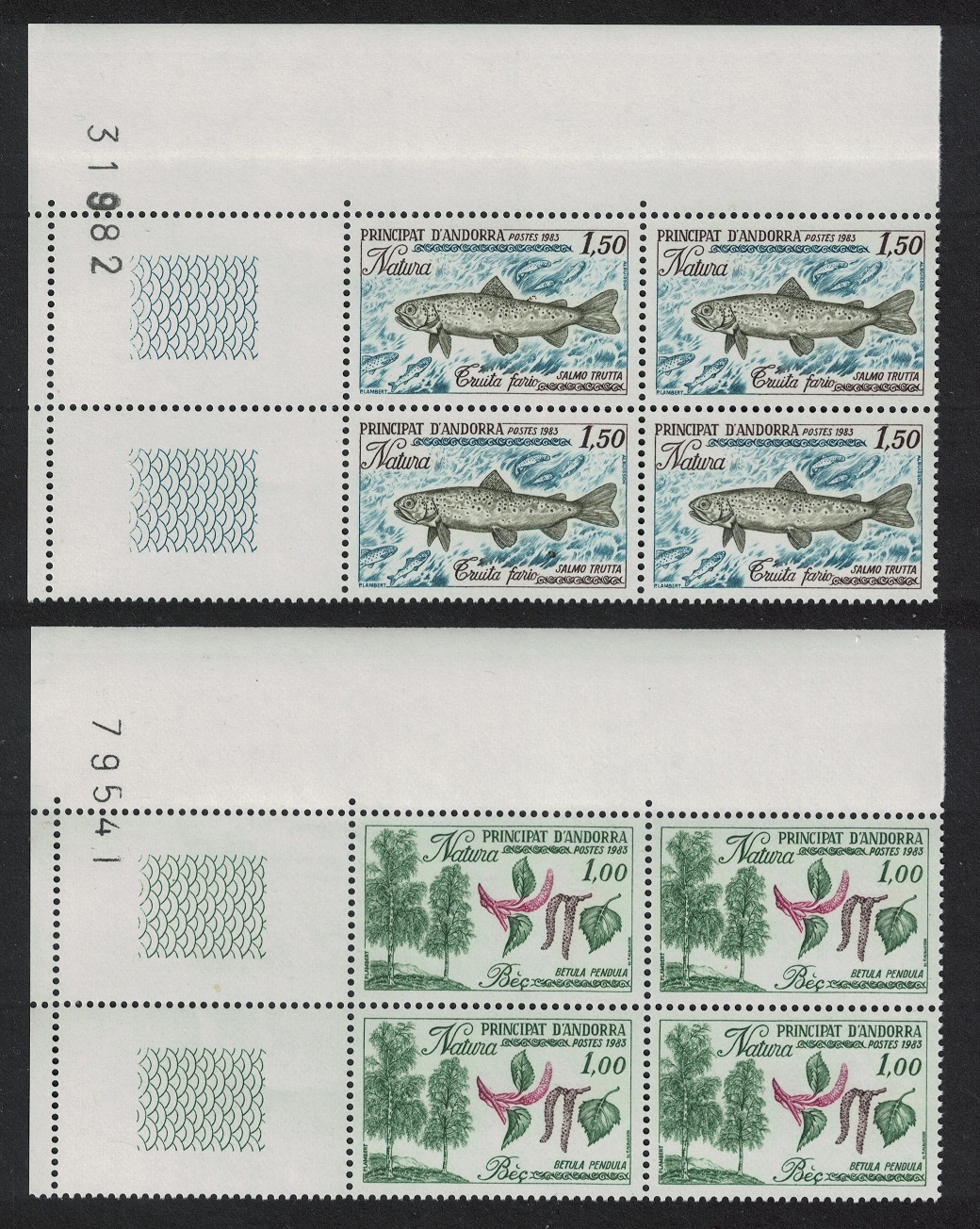 Andorra French Trout Fish Trees Nature 2v Corner Blocks of 4 Number 1983 MNH SG#F330-F331 MI#332-333 Sc#305-306