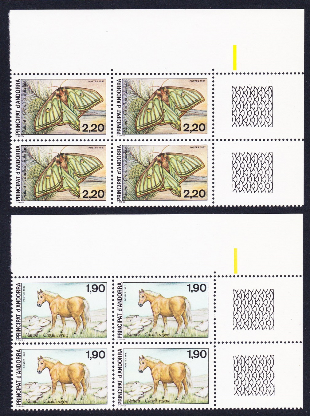 Andorra French Horse Butterfly Nature Protection 2v T2 Corner Blocks of 4 1987 MNH SG#F393-F394 MI#382-383 Sc#355-356