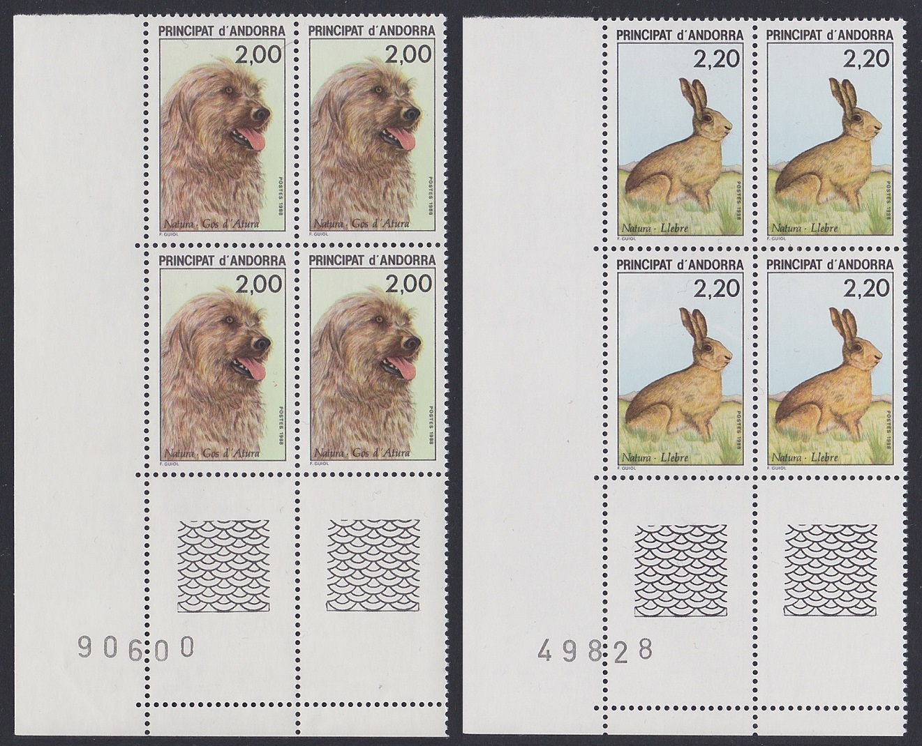 Andorra French Dog Hare 2v Corner Blocks of 4 Numbers 1988 MNH SG#F413-F414 MI#394-395 Sc#367-368