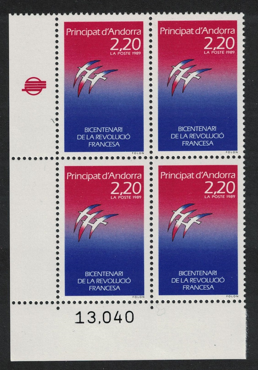 Andorra French Birds Painting by Folon Corner Block of 4 Control Number 1989 MNH SG#F416 MI#397