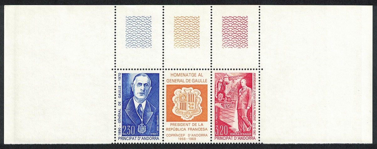 Andorra French Birth Centenary of General de Gaulle 2v Top strip 1990 MNH SG#F434-F436 MI#418-419 Sc#399-400