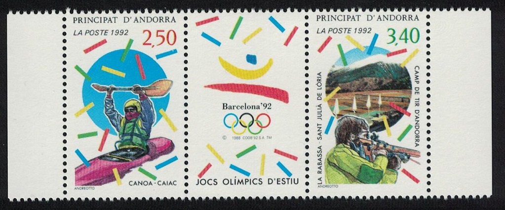 Andorra French Canoe Shooting Olympic Games Barcelona 2v strip + label 1992 MNH SG#F461-F462 MI#439-440