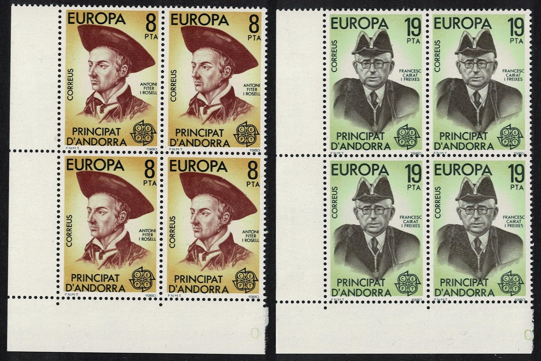 Andorra Spanish Famous People Europa CEPT 2v Corner Blocks of 4 1980 MNH SG#124-125