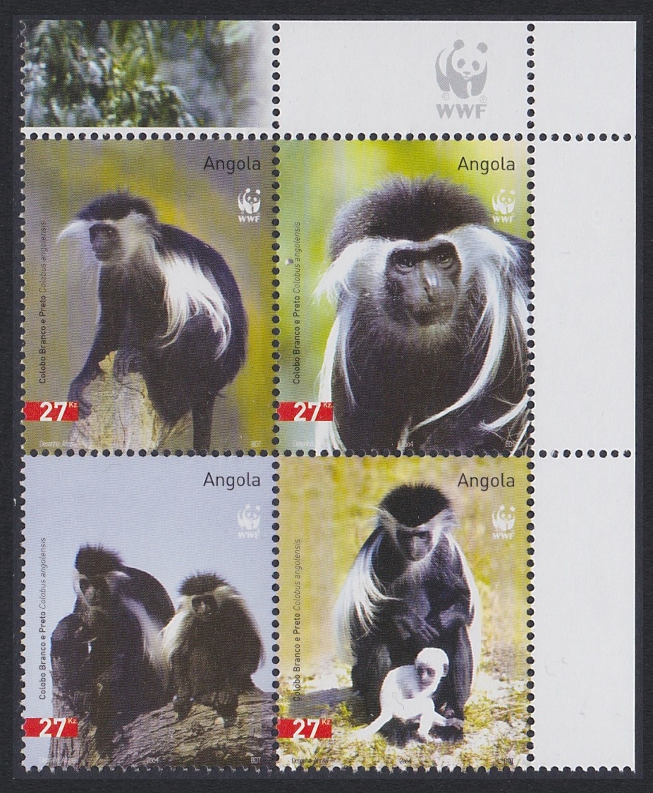 Angola WWF Colobus Monkey 4v Block of 4 WWF Logo 2004 MNH SG#1717-1720 MI#1745-1748 Sc#1279 a-d