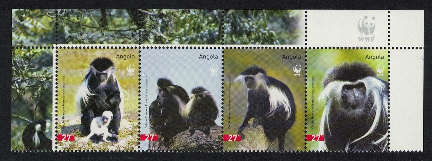 Angola WWF Colobus Monkey Top Strip WWF Logo 2004 MNH SG#1717-1720 MI#1745-1748 Sc#1279 a-d