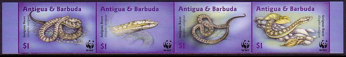 Antigua and Barbuda WWF Antiguan Racer Strip of 4 Imperf stamps 2002 MNH SG#3687-3690