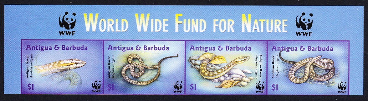 Antigua and Barbuda WWF Antiguan Racer Imperf Top Strip of 4v 2002 MNH SG#3687-3690