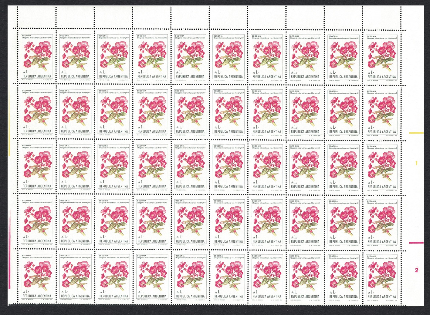 Argentina &#39;Begonia micranthera&#39; Flower A1.- Half Sheet 50 stamps 1985 MNH SG#1941