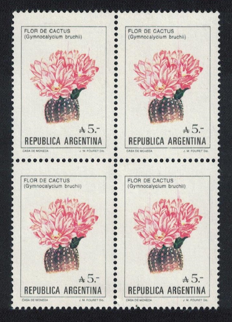 Argentina Cactus &#39;Gymnocalycium bruchii&#39; A 5- Block of 4 1985 MNH SG#1942