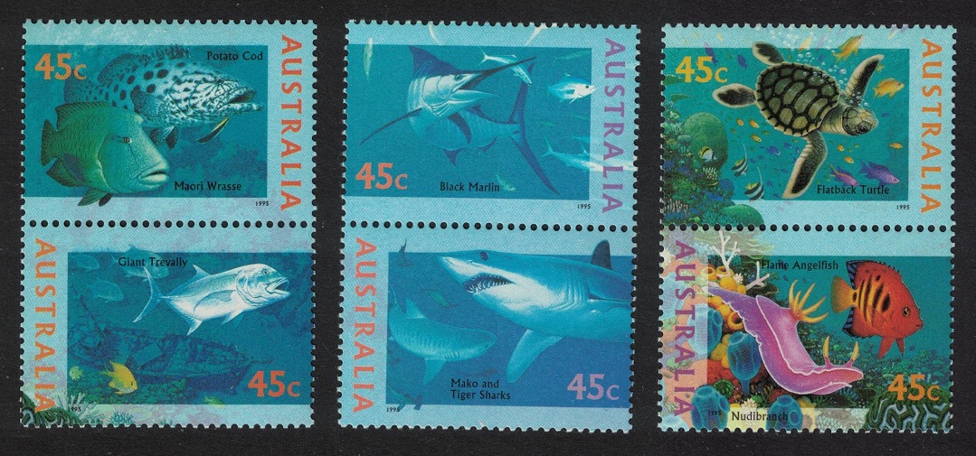 Australia Shark Marlin Turtle Angelfish Marine Life 3 Pairs 1995 MNH SG#1556-1561