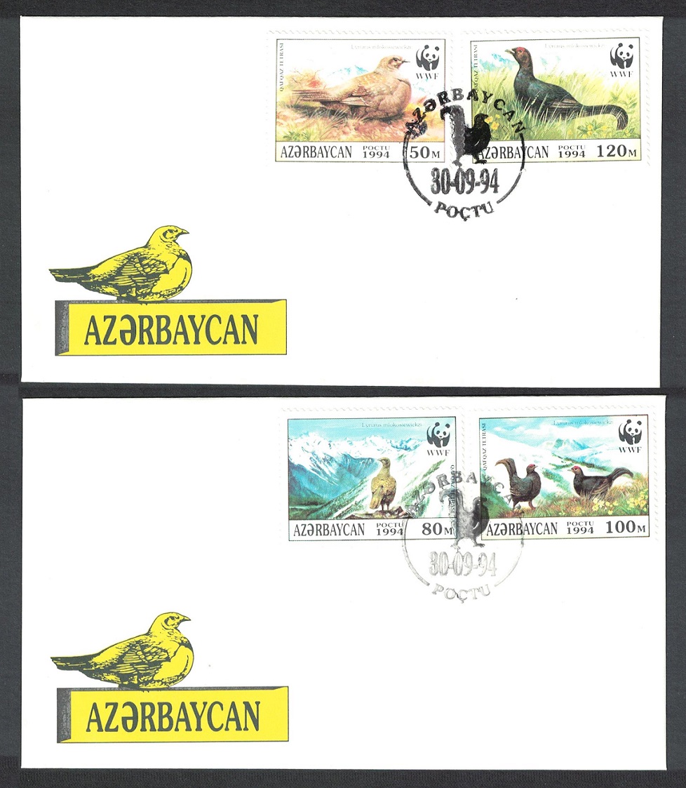 Azerbaijan Birds WWF Caucasian Black Grouse FDCs 2v 1994 SG#178-181 MI#161-164 Sc#454 a-d