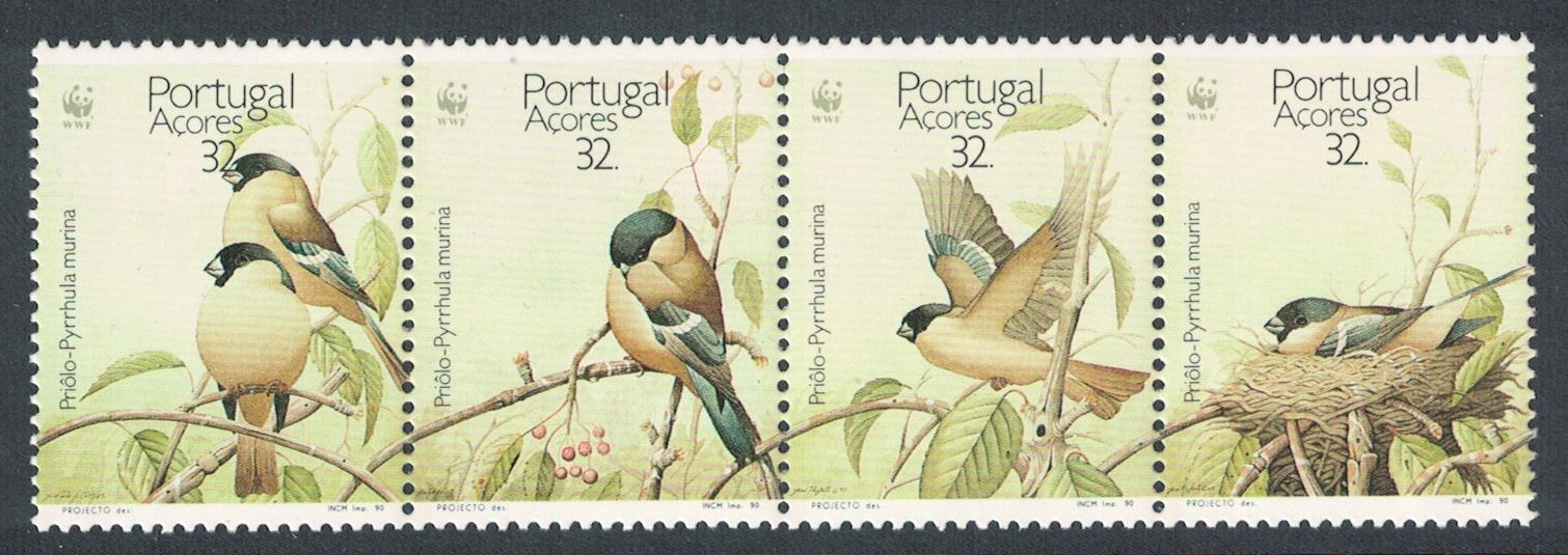 Azores Birds WWF Sao Miguel Bullfinch Strip of 4v 1990 MNH SG#500-503 MI#405-408 Sc#385-388