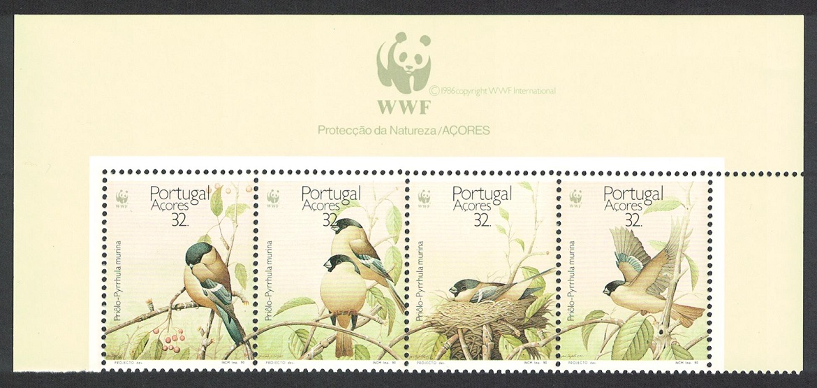 Azores Birds WWF Sao Miguel Bullfinch Top Strip of 4v Logo 1990 MNH SG#500-503 MI#405-408 Sc#385-388