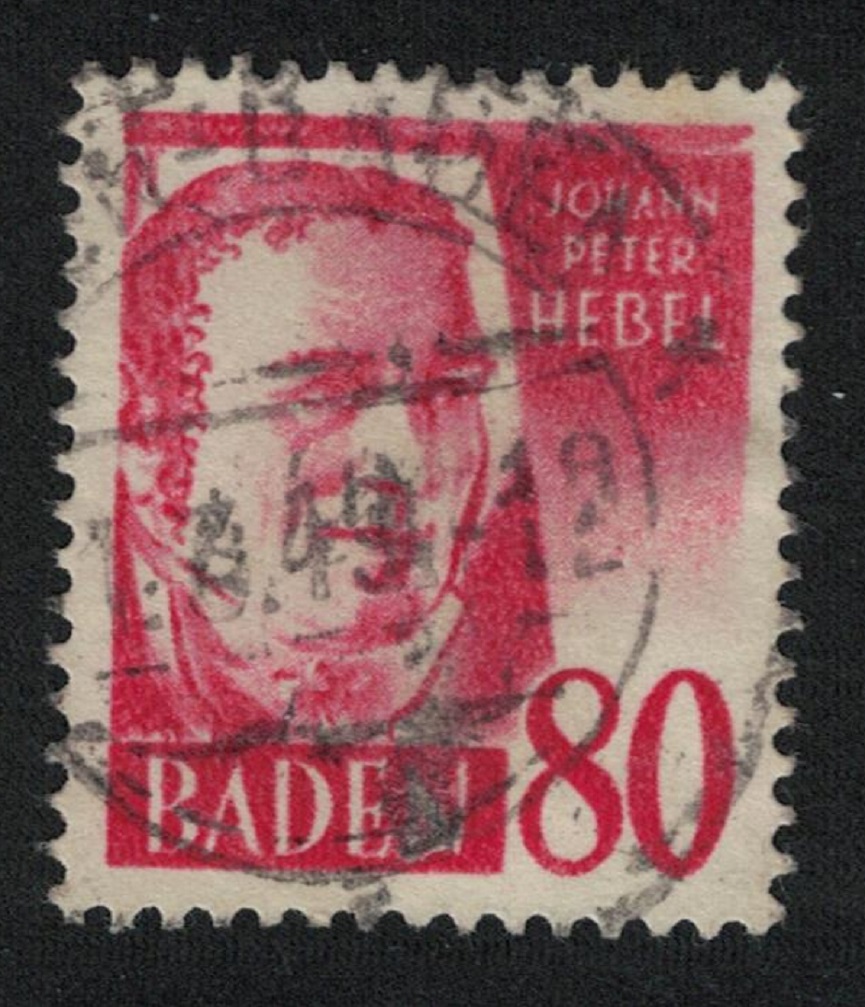 Baden French Zone J P Hebel Writer 80pf &#39;PF&#39; omitted 1968 Canc SG#FB36