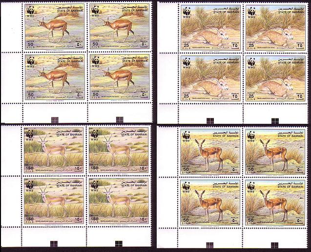 Bahrain WWF Goitered Gazelle 4 Corner Blocks with margins 1993 MNH SG#485-488 MI#511-514 Sc#408-411