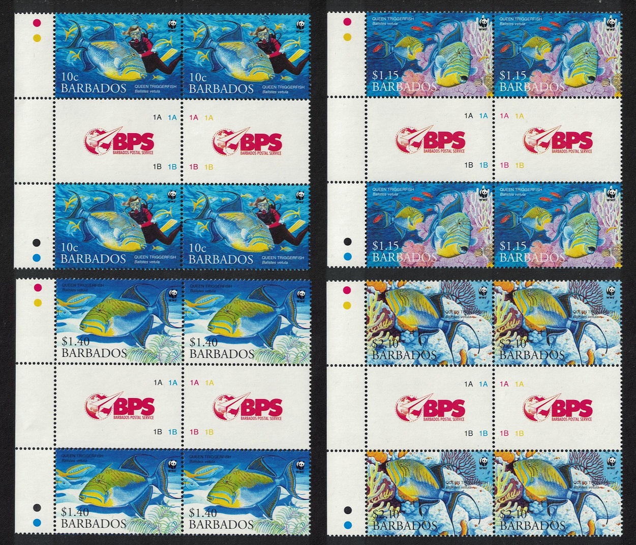 Barbados WWF Queen Triggerfish Diving Fish 4 Gutter blocks 2006 MNH SG#1290-1293 MI#1119-1122 Sc#1102-1105