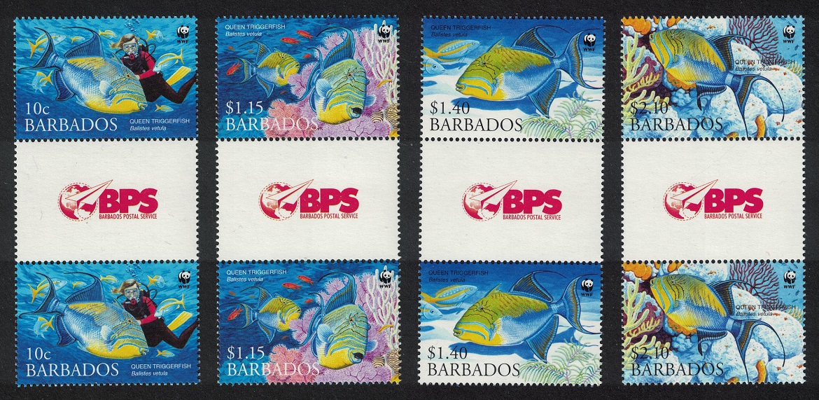 Barbados WWF Queen Triggerfish Diving Fish 4 Gutter Pairs 2006 MNH SG#1290-1293 MI#1119-1122 Sc#1102-1105