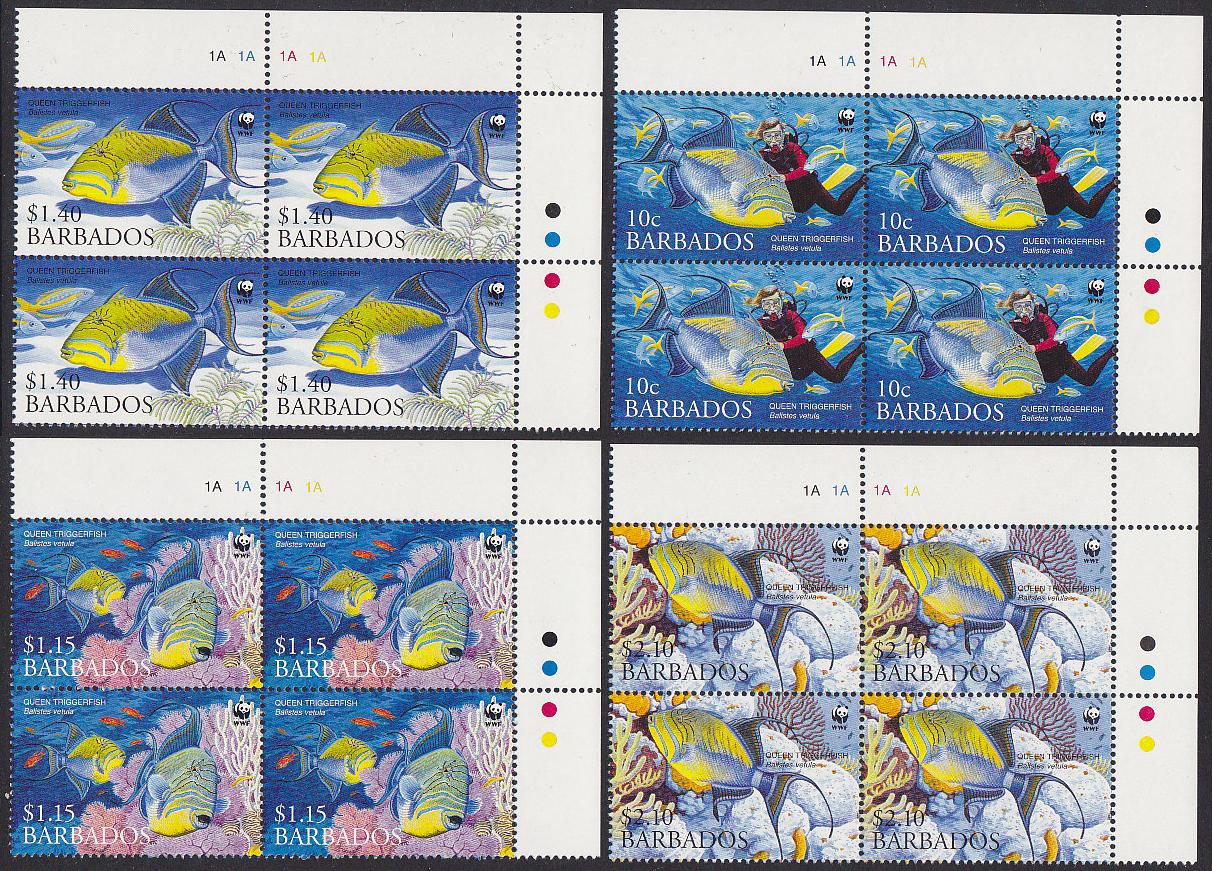 Barbados WWF Queen Triggerfish Diving 4v Corner Blocks of 4 2006 MNH SG#1290-1293 MI#1119-1122 Sc#1102-1105