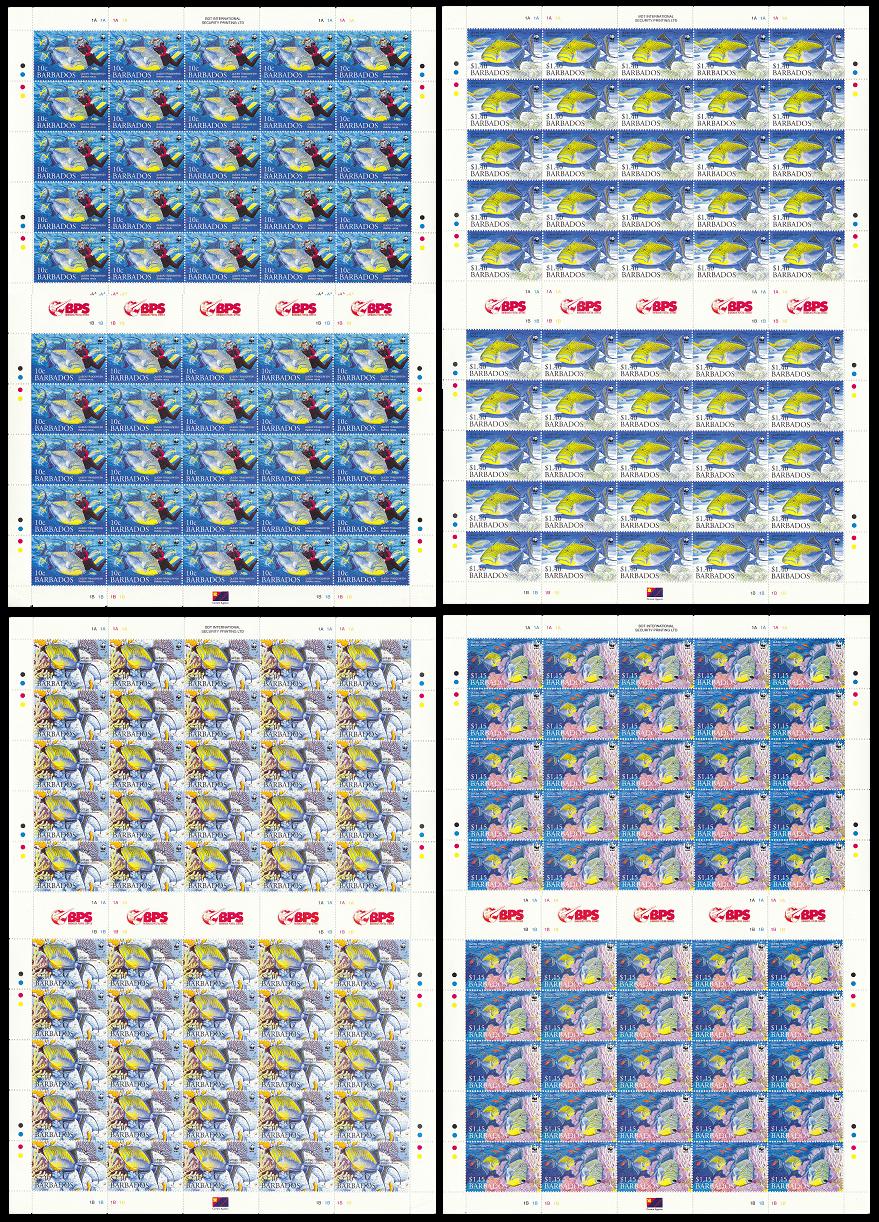 Barbados WWF Queen Triggerfish Diving Fish Full Sheets 50 sets 2006 MNH SG#1290-1293 MI#1119-1122 Sc#1102-1105