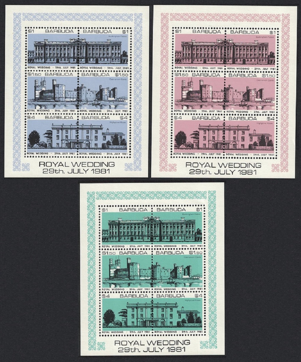 Barbuda Charles and Diana Royal Wedding 3 sheetlets 1981 MNH SG#565-570 MI#Blocks 58-60