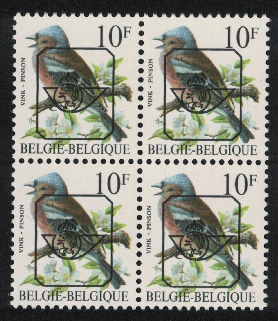 Belgium Chaffinch Bird Buzin &#39;Pinson&#39; 10f Precancel Block of 4 1990 MNH SG#2854 MI#2404xV Sc#1230