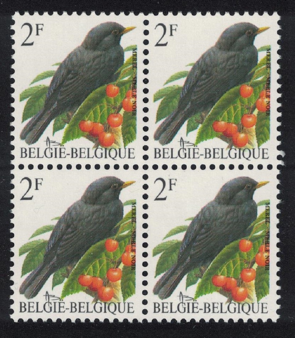 Belgium Blackbird Bird Buzin &#39;Merle Noir&#39; 2f Block of 4 1992 MNH SG#3075 MI#2510x Sc#1433