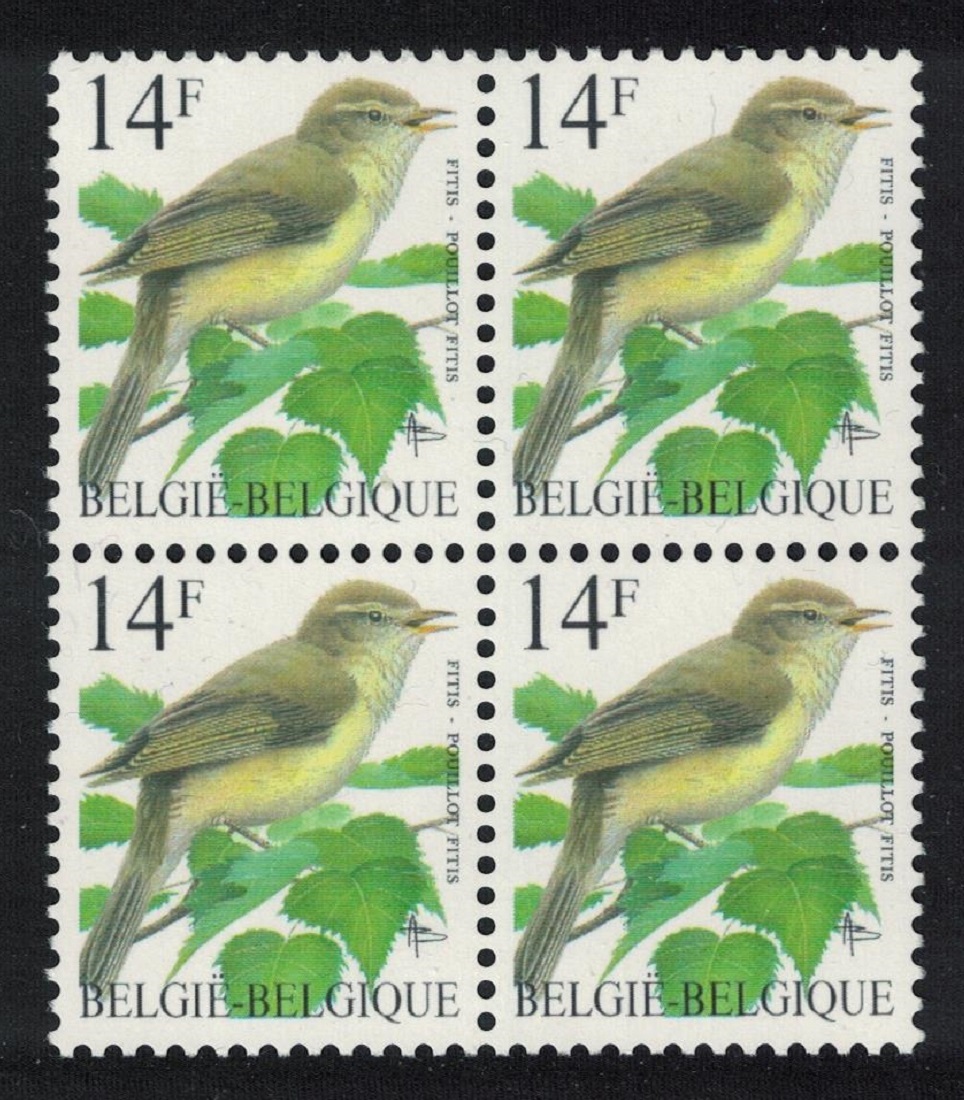 Belgium Willow warbler Bird Buzin &#39;Pouillot Fitis&#39; 14f Block of 4 1995 MNH SG#3088 MI#2675 Sc#1446A