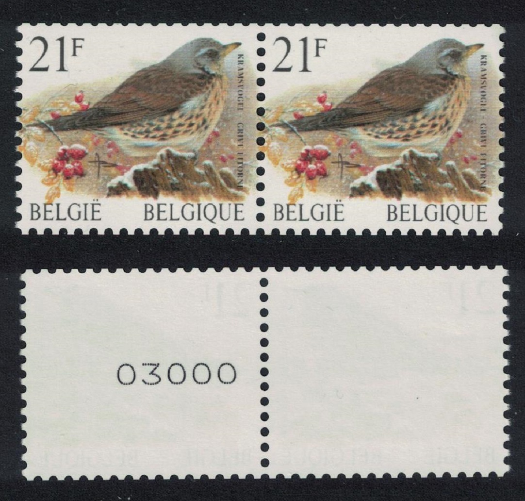 Belgium Fieldfare Bird Buzin &#39;Grive Litorne&#39; 21f Roll Pair Control Number 1998 MNH SG#3315 MI#2844 Sc#1715