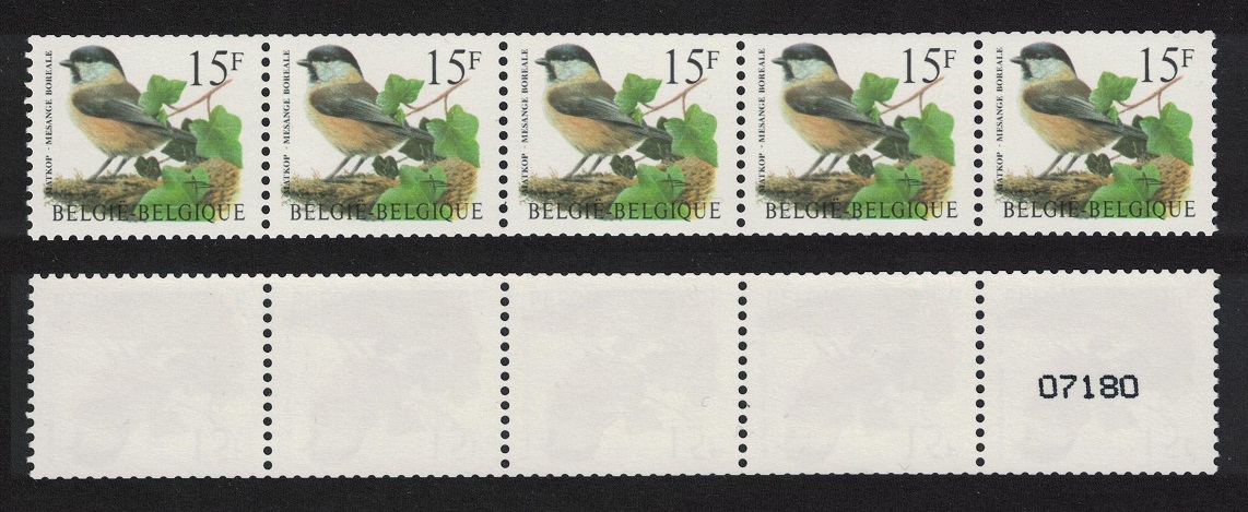 Belgium Willow Tit Bird &#39;Mesange boreale&#39; 15f Coil stamp Strip 1997 MNH SG#3410 MI#2785 Sc#1676